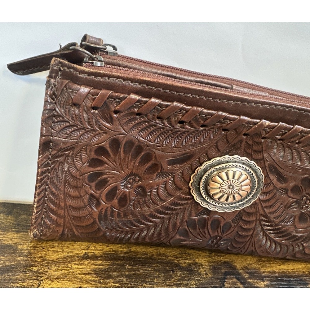 American West Tooled Genuine Leather Wallet Bi-Fold Brown Western Cowgirl - Picture 7 of 16